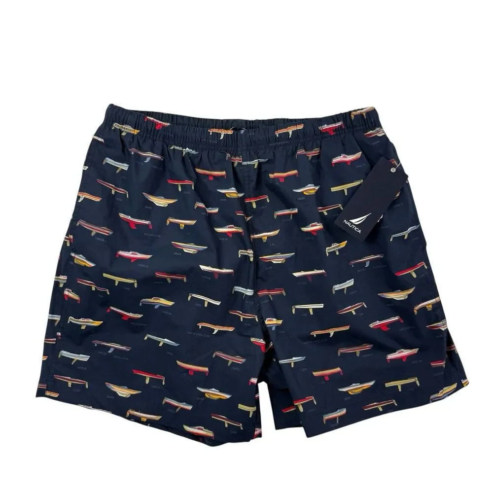 NEW Nautica Swim Trunk Shorts Men Large Navy Blue Sail Boats Liner Beach